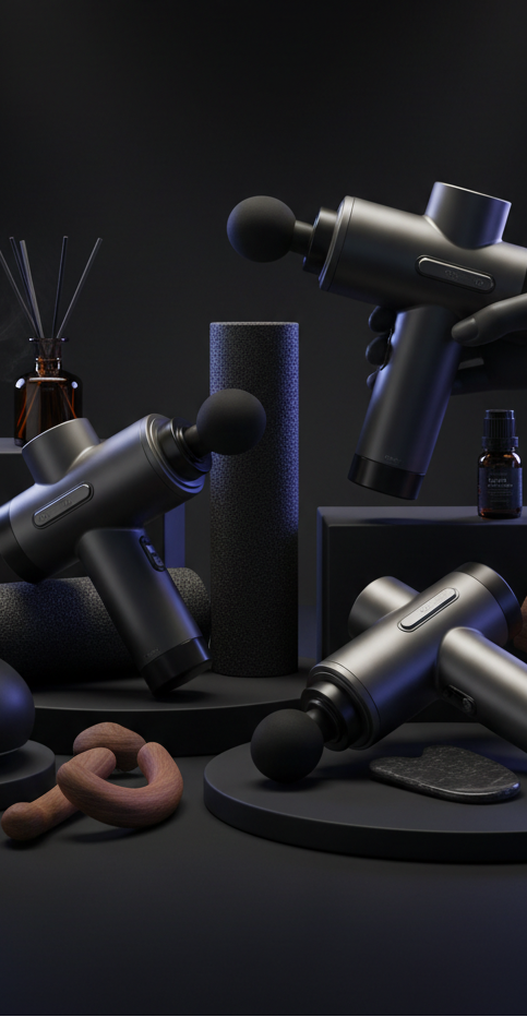 Health caring type of verticle image with MASSAGE GUNS, massage type of products dark theme